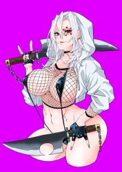 big_ass big_breasts black_gloves choker crop_top demon_slayer earrings facepaint facial_mark female female_only fingerless_gloves fishnet_shirt genderswap_(mtf) gloves hair_between_eyes hair_down hood hood_up hoodie kimetsu_no_yaiba long_fingernails mesh_shirt nail_polish nipple_bulge purple_background red_eyes rule_63 sling_bikini slingshot_swimsuit smile solo sword taiga_(pixiv) uzui_tengen weapon white_hair wide_hips