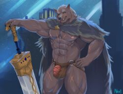 abs anthro big_muscles blaidd_(elden_ring) bulge canid canine canis cloak clothing elden_ring erection fangs fromsoftware fur furry gay genitals greatsword grey_body grey_fur hi_res jockstrap looking_at_viewer male male_only mammal mostly_nude muscular muscular_anthro muscular_male muscular_thighs neofi pecs penis penis_base shirtless smile solo standing teeth tenting thick_thighs underwear wolf