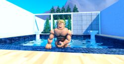 1boy 3d abs artist_request black_eyes blonde_hair decoration gay male masturbation muscles muscular muscular_male penis plants pool roblox robloxian source_request tagme