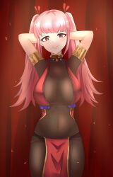 1girls arms_behind_head bangs bodystocking breasts dancer female female_only fire_emblem fire_emblem:_three_houses harem harem_girl harem_outfit hilda_valentine_goneril large_breasts long_hair looking_at_viewer nintendo pelvic_curtain pink_eyes pink_hair slave smile solo twintails zipperqr