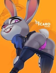 1girls andava anthro ass back_view bent_over clothing disney female female_only furry hi_res icaroart judy_hopps leporid looking_at_viewer looking_back looking_back_at_viewer panties pants pants_down police_uniform purple_eyes rabbit rabbit_ears rabbit_tail rabbit_teeth rear_view smug solo upper_teeth zootopia