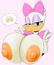 anthro areola areolae avian big_breasts bird blush bodily_fluids bowtie breasts daisy_duck disney double_v duck hair half-closed_eyes huge_breasts impregnation_request large_breasts looking_at_viewer nipples orange_areola orange_nipples ota_(artist) peace_sign soft_feathers sweat tagme v_sign