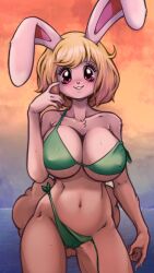 1girls big_eyes bikini bikini_bottom bikini_bottom_untied bikini_top blonde_hair breasts carrot_(one_piece) female female_only furry furry_female large_breasts ocean one_piece plague_of_gripes rabbit_ears rabbit_girl rabbit_tail short_hair solo sunset white_fur