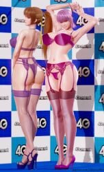 2girls 3d aikawa_aiko alluring ass ayane_(doa) bra brown_hair dead_or_alive dead_or_alive_2 dead_or_alive_3 dead_or_alive_4 dead_or_alive_5 dead_or_alive_6 dead_or_alive_xtreme_beach_volleyball female female_only garter_belt garter_straps high_heels human kasumi_(doa) kunoichi lingerie long_hair looking_at_viewer orange_hair panties platform_heels ponytail purple_hair silf silfs sisters standing stockings tagme tecmo