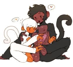 2boys balls balls_touching black_fur dark_skin doppel erection footsie furry male male_only mob_face monkey orange_skin penis simple_eyes sitting size_difference touching_penis two_tone_body white_fur yaoi