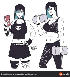 abs bicep_curl black_eyes black_hair black_nails black_skirt black_sports_bra cobwebs dumbbells ear_piercing fingernails fishnet goth_girl highlights looking_at_viewer muscular_female nail_polish pink_phone skull smiling spiked_choker tongue_out