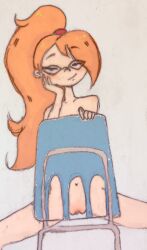 1girls 4chan chair drawfag drawthread_request female glasses long_hair orange_hair plastic_chair pussy