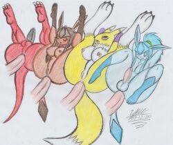 2boys 2girls anal anthro bubble_butt chocoalien001 crossover digimon drawn female femboy furry glaceon male penetration pokémon_(species) pokemon proto23719395 renamon traditional_art