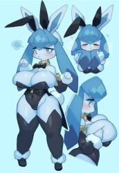 1girls armwear big_breasts blue_eyes blush breast_grab bunny_ears bunny_pose bunny_tail bunnysuit detached_collar eeveelution esokir female female_only glaceon grabbing_own_breast legwear looking_at_viewer narrowed_eyes neck_ribbon nintendo pokémon_(species) pokemon pokemorph pose rikose solo thick_thighs wrist_cuffs