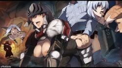 2girls all_fours armor ass ass_grab bangs bangs_between_eyes bare_shoulders barefoot benriya_saitou-san_isekai_ni_iku bent_over blue_eyes blush bottomless breasts cleavage clothed_sex color colored doggy_style doggystyle fairy female_masturbation gauntlets hair_between_eyes handyman_saitou_in_another_world hanging_breasts helm helmet knight lafanpan large_breasts masturbation monster_girl morlock_(benriya_saitou-san) multiple_girls nipples no_panties open_mouth pinkseito raelza saitou_(benriya_saitou-san) scar scar_on_cheek scar_on_face sex sex_from_behind shoulder_armor size_difference watermark wizard