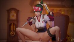 3d blender_(software) bottomless breasts clenched_teeth davesterie fingerless_gloves gloves green_hair kiriko_(overwatch) kunai overwatch overwatch_2 sex straight teeth vaginal_penetration weapon