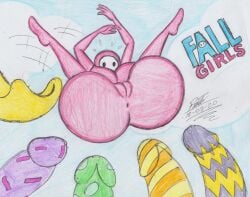 anthro ass bubble_butt chocoalien001 fall_guys falling female proto23719395 traditional_art traditional_media traditional_media_(artwork)