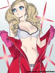 1girls ann_takamaki blonde_hair blue_eyes bodysuit bra breasts catsuit earrings gloves grey_bra grey_panties large_breasts latex latex_bodysuit latex_catsuit latex_gloves midriff navel panties persona persona_5 pink_gloves poechan red_bodysuit twintails undressing unzipped unzipped_bodysuit zipper