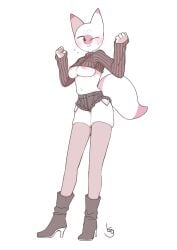 blushing breast_slip breasts breasts_out cat_ears clothed clothing countryhumans countryhumans_girl cute female high_heels japan_(countryhumans) kuzuyu_(artist) medium_breasts one_eye_closed tagme tail thighhighs tight_clothing white_skin