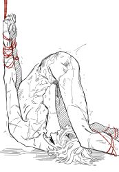 arms_behind_back arms_up ass_up bondage bound gintama gonebattlefield head_down_ass_up male male_only nude oboro_(gintama) on_back penis profile restrained scars sketch solo spot_color sweat upside-down