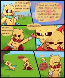 anthro bandage bandages black_sclera canine cape comic comic_page fluffy fox_yao31 furry golden_retriever mikecrack mikecrack.exe outside playing red_eyes short_tail spanish_dialogue spanish_text tagme throwing_object uwu white_eyes