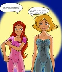 2girls after_fellatio after_oral after_sex broken_english clover_(totally_spies) cum cum_drip cum_on_breasts cum_on_face cum_swallow female female_only multiple_girls nightgown nipples nipples_visible_through_clothing pussy sam_(totally_spies) see-through see-through_clothing standing sunnie totally_spies