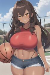 1girls ai_generated basketball big_ass brown_hair busty clothing crop_top curly_hair curvy curvy_figure dark-skinned_female hazel_eyes holding_basketball huge_breasts jean_shorts long_hair nature_background novelai original panties park skate_park skin_tight smirk smug stable_diffusion tan_skin thick_thighs voluptuous