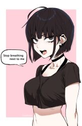 1girls black_eyes black_hair breasts choker ear_piercing english_text female female_only goth goth_girl insulting_viewer j.k. june_(oc) midriff original original_character pale-skinned_female pale_skin short_hair solo speech_bubble text text_bubble white_skin