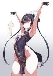 armpits arms_up asanagi bangs bare_shoulders black_dress black_gloves black_hair blue_archive blue_eyes braid braided_bun breasts butterfly_hair_ornament china_dress chinese_clothes double_bun dragon_print dress female genryumon_(blue_archive) gloves grey_eyes hair_bun hair_ornament halo highres kisaki_(blue_archive) long_hair pelvic_curtain print_dress shanhaijing_secondary_school_student short_dress side_slit sleeveless sleeveless_dress small_breasts solo twintails young