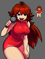 bare_shoulders big_breasts breasts friday_night_funkin girlfriend_(friday_night_funkin) girlfriend_(tails_gets_trolled) hourglass_figure large_breasts long_hair looking_at_viewer microphone red_dress red_fingernails sharp_teeth smile thick_thighs tnvnfe tongue tongue_out troll_girlfriend_(friday_night_funkin)