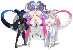 3girls absurdres areola_slip areolae bakunyuu bare_shoulders belt black_dragon_(konoshige) black_footwear black_hair black_horns black_legwear black_thighhighs blank_background blue_eyes blue_eyes_female blue_hair blue_skin blush boots breast_curtains breasts choker cleavage closed_eyes closed_mouth colored_skin cowboy_shot curled_horns curvy detached_sleeves dragon_girl dragon_horns dragon_tail dress enormous_breasts eyes_visible_through_hair female female_dragon female_only floral_print full_body gigantic_breasts gradient_background gradient_hair gray_dragon_(konoshige) grey-skinned_female grey_background grey_hair grey_skin groin hair_between_eyes hi_res high_heeled_shoes high_heels high_resolution highres horns huge_areolae huge_breasts huge_cleavage jacket jewelry konoshige_(ryuun) large_nipples long_hair looking_at_viewer maebari massive_breasts mature_female monster_girl mother_and_daughter multicolored_hair multiple_females multiple_girls nail_polish navel nipples oerba_yun_fang open_clothes original partially_visible_vulva pasties pelvic_curtain pink_hair pink_horns pink_nails plain_background pointy_ears purple_eyes purple_hair revealing_clothes ryuun_(stiil) scar scar_on_breasts shiny_clothes shiny_skin short_hair_with_long_locks siblings sidelocks simple_background sisters skin_fang skindentation sleeves_past_fingers sleeves_past_wrists slit_pupils smile smiling_at_viewer solid_color_background standing tail thick_eyebrows thick_thighs thigh_boots thighhighs thighs top_heavy top_heavy_breasts two-tone_background two-tone_hair very_long_hair voluptuous white_background white_dragon_(konoshige) white_footwear white_hair wide_hips zipper