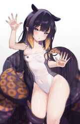 1girls against_glass blue_eyes blush breasts female hololive hololive_english hololive_myth koahri light-skinned_female light_skin long_hair ninomae_ina'nis one-piece_swimsuit petite petite_body purple_hair small_breasts swimsuit tentacle thighs virtual_youtuber wet wet_body