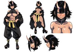 abs bangs bare_shoulders black_hair black_kimono black_nails blunt_bangs blush boots breasts cleavage closed_mouth collar collarbone crop_top embarrassed female frown full_body hand_on_hip head_only high_heel_boots high_heels horns japanese_clothes kimono large_breasts looking_at_viewer multiple_views muscular muscular_female nail_polish navel no_bra one_eye_closed oni oni_horns original original_character pants partially_undressed profile puffy_pants sash short_hair shorts simple_background sleeveless_turtleneck_crop_top sweat thighs toeless_footwear toenail_polish toenails toned topless underwear undressing upper_body v-shaped_eyebrows websake white_background yellow_eyes yellow_sash