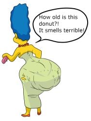 accident ass ass_in_dress blue_hair donut english_text female female_only green_dress high_heels huge_ass huge_butt marge_simpson panty_poop scat scat_bulge shit soiling solo the_simpsons thorn_clothes unaware white_background yellow_skin