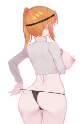 absurdres ass breasts clothes_lift cowboy_shot cropped_sweater eonsang female from_behind girls'_frontline grey_sweater highres kalina_(girls'_frontline) large_breasts long_hair long_sleeves nipples orange_hair simple_background skindentation sleep_mask solo sweater sweater_lift turtleneck turtleneck_sweater white_background