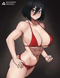 1girls 2d abs alternate_breast_size attack_on_titan bikini black_hair breasts donburikazoku eren_jaeger female huge_breasts large_breasts light-skinned_female light_skin looking_at_viewer mikasa_ackerman pov red_bikini shingeki_no_kyojin short_hair thighs