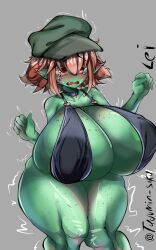 1girls big_breasts bikini crying curvy female female_only freckles gigantic_breasts goblin goblin_female green_body green_skin gretchin hat knees_together_feet_apart lei_(20pesos_sopa) monster_girl red_hair shortstack solo tadumin_silka voluptuous_female warhammer_(franchise) warhammer_40k