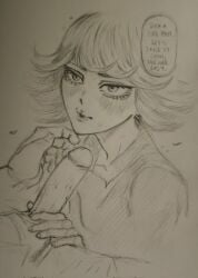 1boy 1girls blush clothed_female finger_on_chin gritty_hotdog_(artist) hand_on_penis heart imminent_oral love monochrome one-punch_man puckered_lips short_hair tatsumaki text traditional_media_(artwork)