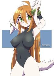 anthro armpits basset_hound black_nose blush bracelet breasts canid canine canis clothed clothing domestic_dog female form_fitting freedom_planet fur galaxytrail green_eyes hair hi_res hunting_dog jewelry leotard mammal milla_basset navel nipple_outline orange_hair pikative scent_hound solo white_body white_fur