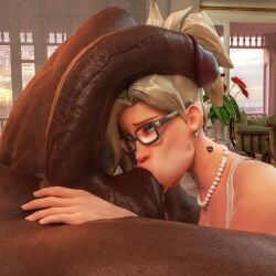 1boy 1girls 3d absurd_res ball_sucking big_penis blenderdemon blonde_hair blue_eyes dark-skinned_male dark_skin fellatio female glasses hi_res huge_cock indoors interracial large_penis male mercy nude nude_male overwatch penis penis_on_face penis_on_head ponytail queen_of_spades spade_tattoo sucking_testicles tattoo veiny_penis