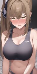 ai_generated amagi_brilliant_park bed big_breasts blush blush embarrassed on_bed ponytail sento_isuzu shy sports_bra sweat sweating