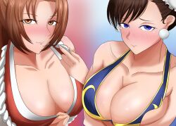 2girls adapted_costume arm_under_breasts bare_chest bare_shoulders big_breasts blue_eyes blush breasts brown_eyes brown_hair bun_cover capcom chun-li cleavage collarbone crossover death_battle double_bun earrings embarrassed fatal_fury female female_only huge_breasts jewelry kimono king_of_fighters kunoichi leotard mai_shiranui martial_artist multiple_girls ninja no_bra oppai ponytail presenting presenting_breasts seducing seduction seductive_eyes seductive_gaze seductive_look seductive_mouth seductive_pose seductive_smile smile snk street_fighter take_your_pick tied_hair twin_buns