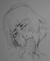 1boy 1girls blush cum cum_in_mouth cum_overflow eyes_rolling_back fellatio gritty_hotdog_(artist) hand_on_head original_character short_hair traditional_media_(artwork)