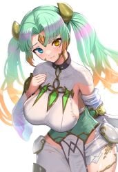 1girls absurdres aqua_eyes breasts collarbone corruption female female female_only fire_emblem fire_emblem_heroes forehead_jewel gonzarez green_eyes green_hair hand_on_own_chest heidr_(fire_emblem) highres large_breasts looking_at_viewer multicolored_hair nintendo pelvic_curtain smile solo thighs twintails white_background