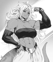 1girls abs absurd_res android_21 biceps black_eyes breasts cleavage clothed clothing collar dragon_ball dragon_ball_fighterz female flexing flexing_bicep greyscale hi_res long_hair looking_at_viewer majin majin_android_21 monochrome muscular muscular_female sharp_teeth signature smirk smug smug_grin solo solo_female speedl00ver tail tank_top video_game_character video_games white_hair