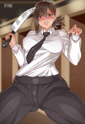 1girls alternate_breast_size big_breasts chainsaw_man female female_only higashiyama_kobeni huge_ass huge_breasts knife mappa pawzncupz scared thick_thighs weapon