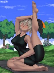 1girls artist_name bea_(pokemon) blurry_background closed_eyes cloud dark-skinned_female dark_skin excercise female generation_1_pokemon grass grey_hair hair_between_eyes hair_ornament hairband hi_res highres hitmonchan hitmonlee leg_grab leg_lift legs_apart leotard machamp muscular muscular_female nintendo park pokemon pokemon_(species) pokemon_ss rocky-ace sky smile stretching towel tree watermark