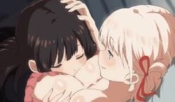 2d 2girls animated bangs bed bed_sheet black_hair blinking blonde_hair blush breast_grab breast_rest breasts breasts_on_head breathing closed_eyes grabbing hair_ribbon hand_on_another's_head happy head_on_chest headpat hug inoue_takina large_breasts long_hair looking_at_another lycoris_recoil lying multiple_girls nishikigi_chisato no_sound or2_(sahr7857) parted_lips red_ribbon ribbon short_hair short_playtime shorter_than_10_seconds shorter_than_30_seconds sleeping sleeping_on_person smile tagme video yuri