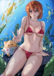 1girls bangs bare_arms bikini blush breasts bubble cleavage creatures_(company) female game_freak gen_2_pokemon green_eyes gym_leader hair_between_eyes hair_tie kasumi_(pokemon) knees medium_breasts misty_(pokemon) navel nintendo orange_hair pokemon pokemon_(anime) pokemon_(classic_anime) pokemon_(game) pokemon_rgby red_bikini red_swimsuit shirt sitting smile swimsuit thighs togepi underwater v watermark web_address wei_(promise_0820) weisart