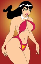 black_hair dynamite_comics fangs female female_only gradient_background green_eyes kilowatts62 long_hair orange_background red_background sling_bikini solo tagme vampire vampire_girl vampirella