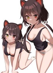 :3 absurdres all_fours animal_ears bangs black_tank_top bottomless breast_slip breasts brown_hair dog_ears dog_girl dog_hair_ornament dog_tail female female flower glastonbury1966 grey_panties hair_flower hair_ornament heterochromia highres inui_toko long_hair looking_at_viewer low_twintails maid_headdress medium_breasts multiple_views nijisanji nipples no_bra panties red_eyes simple_background smile socks tail tank_top twintails underwear very_long_hair virtual_youtuber white_background yellow_eyes