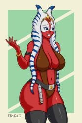 alien alien_girl alien_humanoid big_breasts blue_eyes breasts clone_wars elfo42xd female female_only jedi lekku_(anatomy) lightsaber red_body revealing_clothes shaak_ti star_wars text thick_thighs thighhighs thighs togruta
