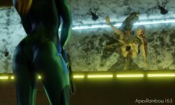 3d alien_(franchise) apexrainbow163 ass ass_focus blender blender_(software) blender_cycles bodysuit brown_hair crossover dead_or_alive eyes_rolling_back garter garter_straps glasses holding_gun huge_cock kasumi_(doa) lifted male_xenomorph metroid ponytail samus_aran tagme watching window xenomorph