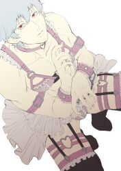 alternate_costume armbands black_legwear black_thighhighs bra choker crossdressing expressionless frilled_legwear frills garter_straps gintama gintoki_sakata harness hi_res kioma looking_at_viewer male male_only red_eyes skirt solo squatting stockings thigh_strap thighhighs white_hair wrist_cuffs