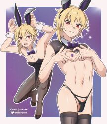 1boy 2d 2d_(artwork) blonde_hair bowtie bunny_boy bunny_ears bunnysuit ensemble_stars! femboy heart light-skinned_male light_skin looking_at_viewer loremyaoi male male_only navel nipples nito_nazuna no_shoes not_furry posing purple_background red_eyes shaved_crotch space_background sparkles stockings thong watermark